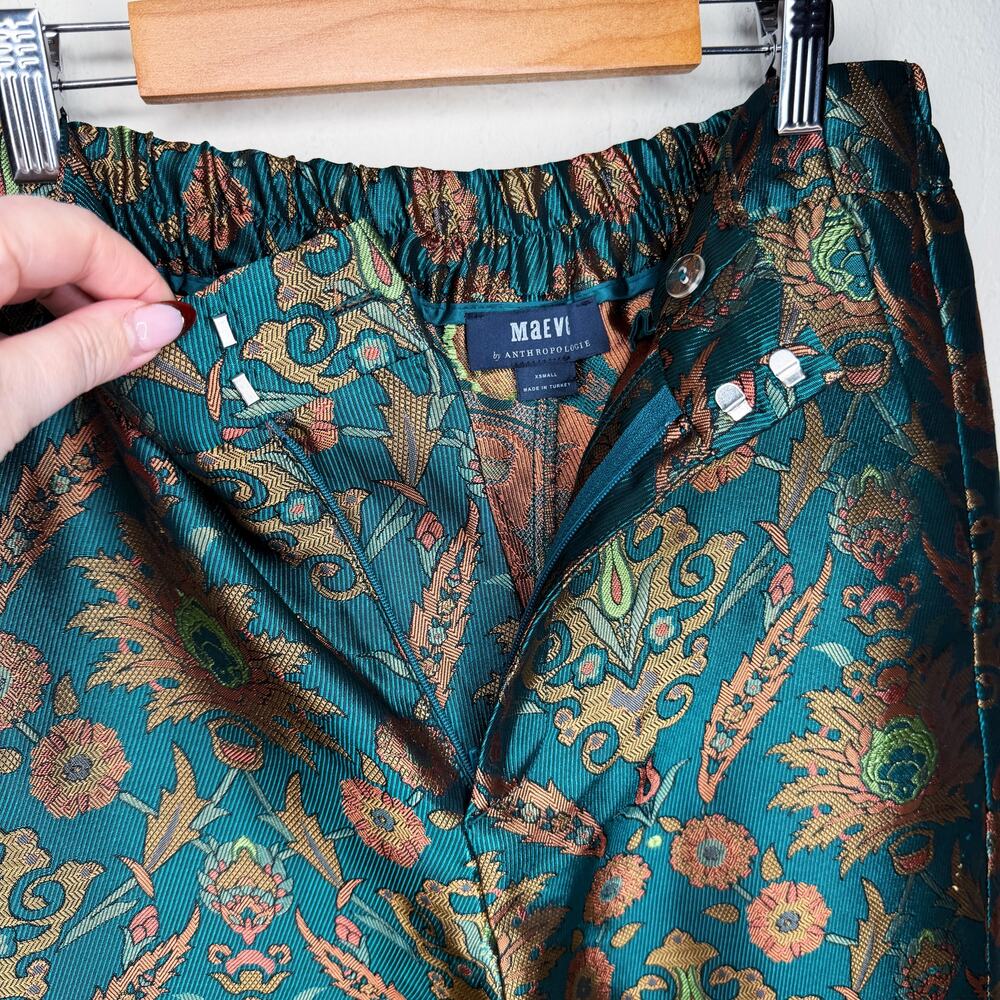 Anthropologie Maeve Melyssa Jacquard Jade Gold Metallic Paisley Trouser Pants XS - Picture 5 of 16